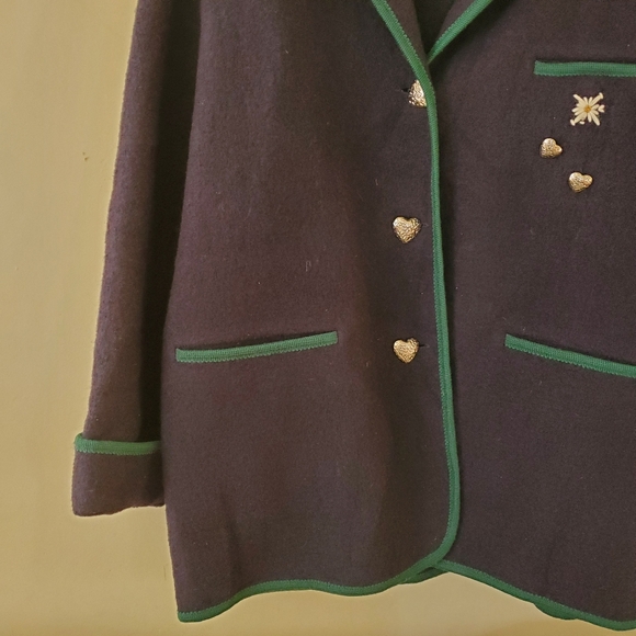 Vintage Boiled Wool Burgefried Navy Blue Green Floral Jacket Coat Size Large - Picture 9 of 10